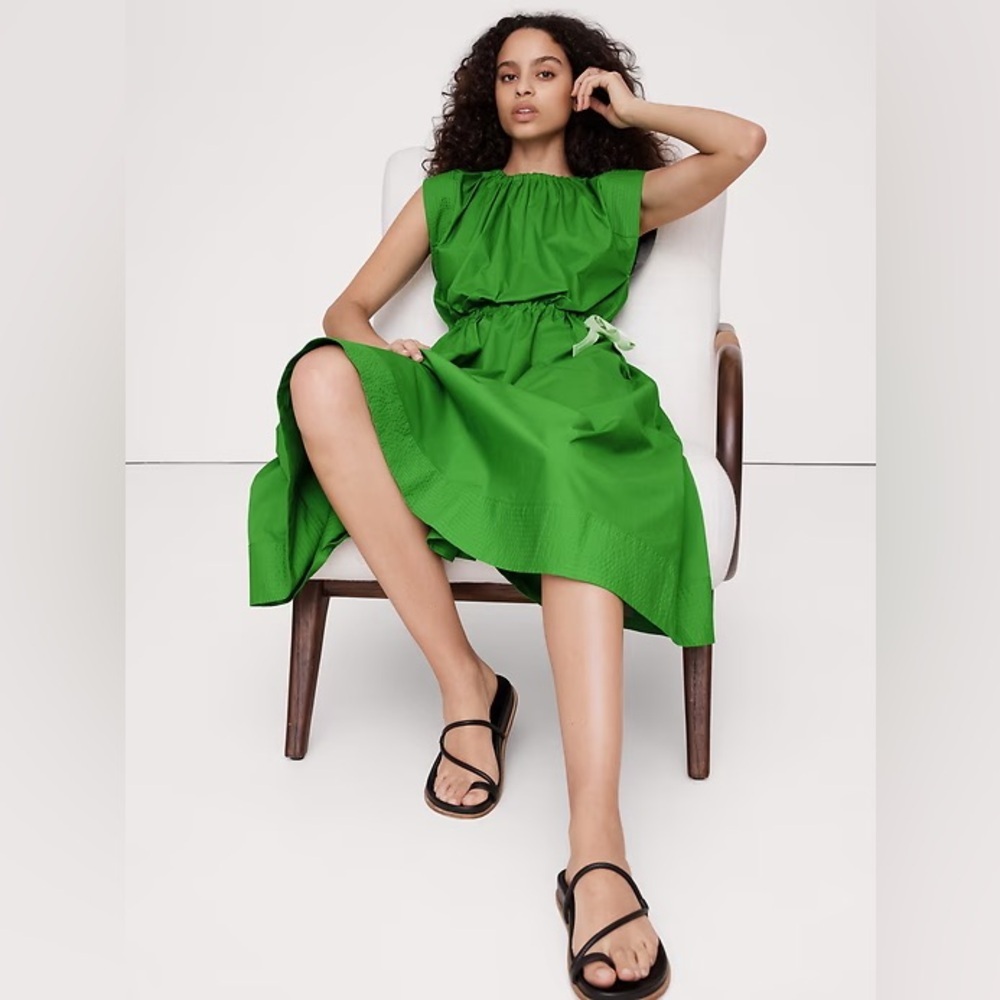 NEW! Banana Republic Bright Lime Green Cotton Poplin Tie-Waist Midi Dress - 🪈